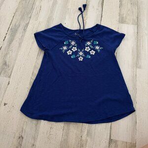 Justice Girls Size 14 Short Sleeve Tunic Knit Top Blue Floral Detail